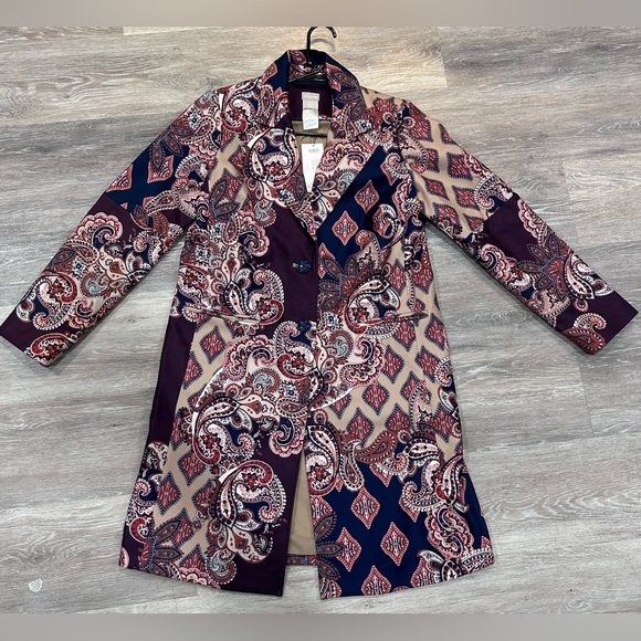 Chico’s Paisley Print Lined Colorful Trench Coat Button Front Size 0 US 4/6 NWT - Picture 2 of 12